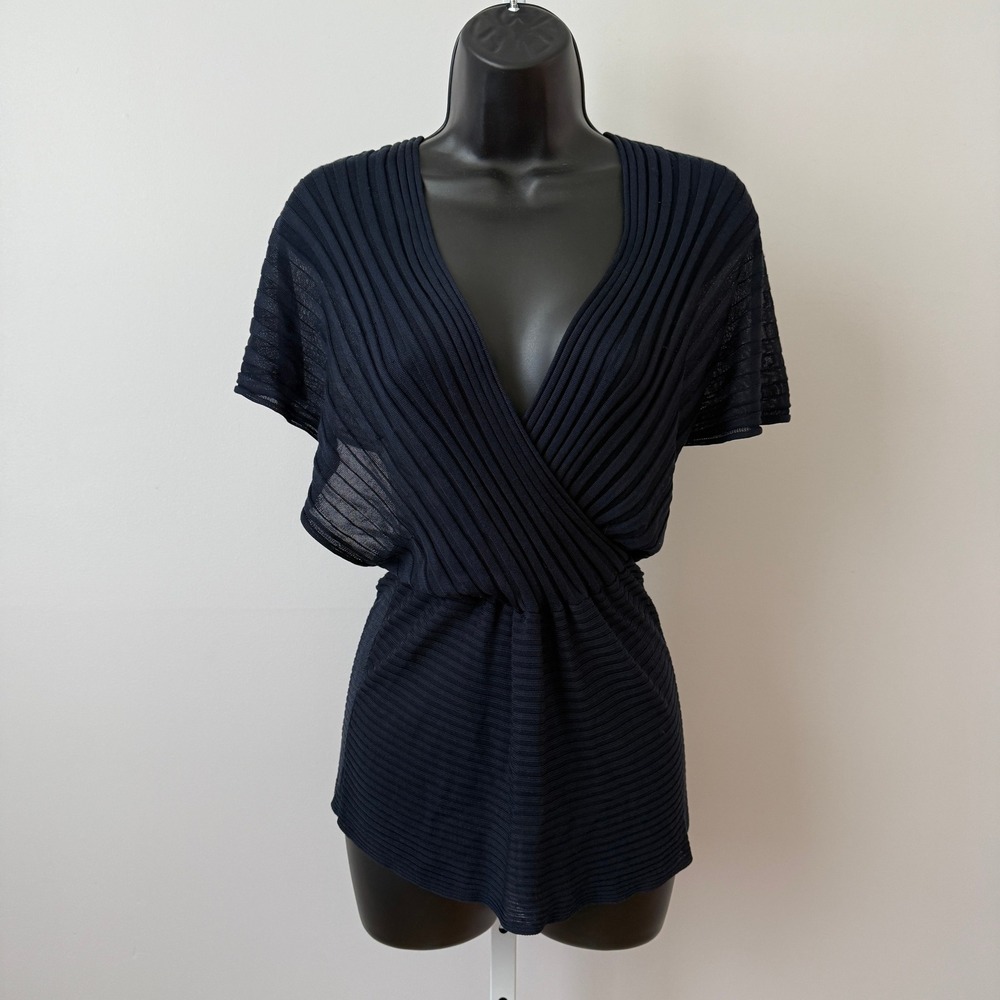 Kerisma Viscose Tencel Boho Ethereal Witchy Sheer Pleated Dolman Top Small Navy